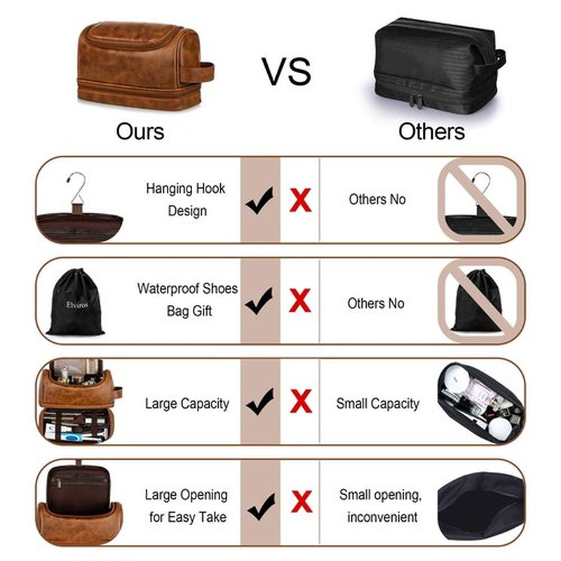 Elviros Toiletry Bag, Mens Leather Travel Organizer Kit with hanging hook, Large Water-resistant Toiletries Bathroom Shaving Bags for Women (Coffee)