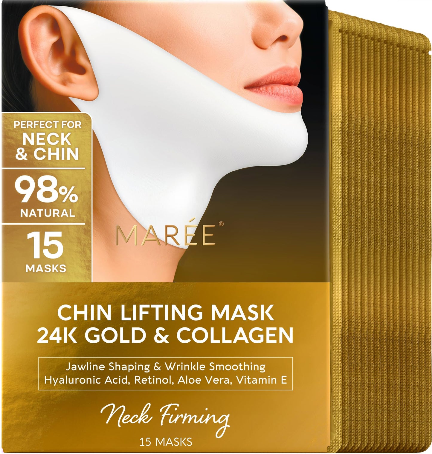 MAREE V Line Lifting Mask with 24K Gold – Deep Collagen Face Mask for Women – Jawline Shaper Mask with Retinol & Hyaluronic Acid – Neck Tightening & Firming – Double Chin Strap for Face Lift