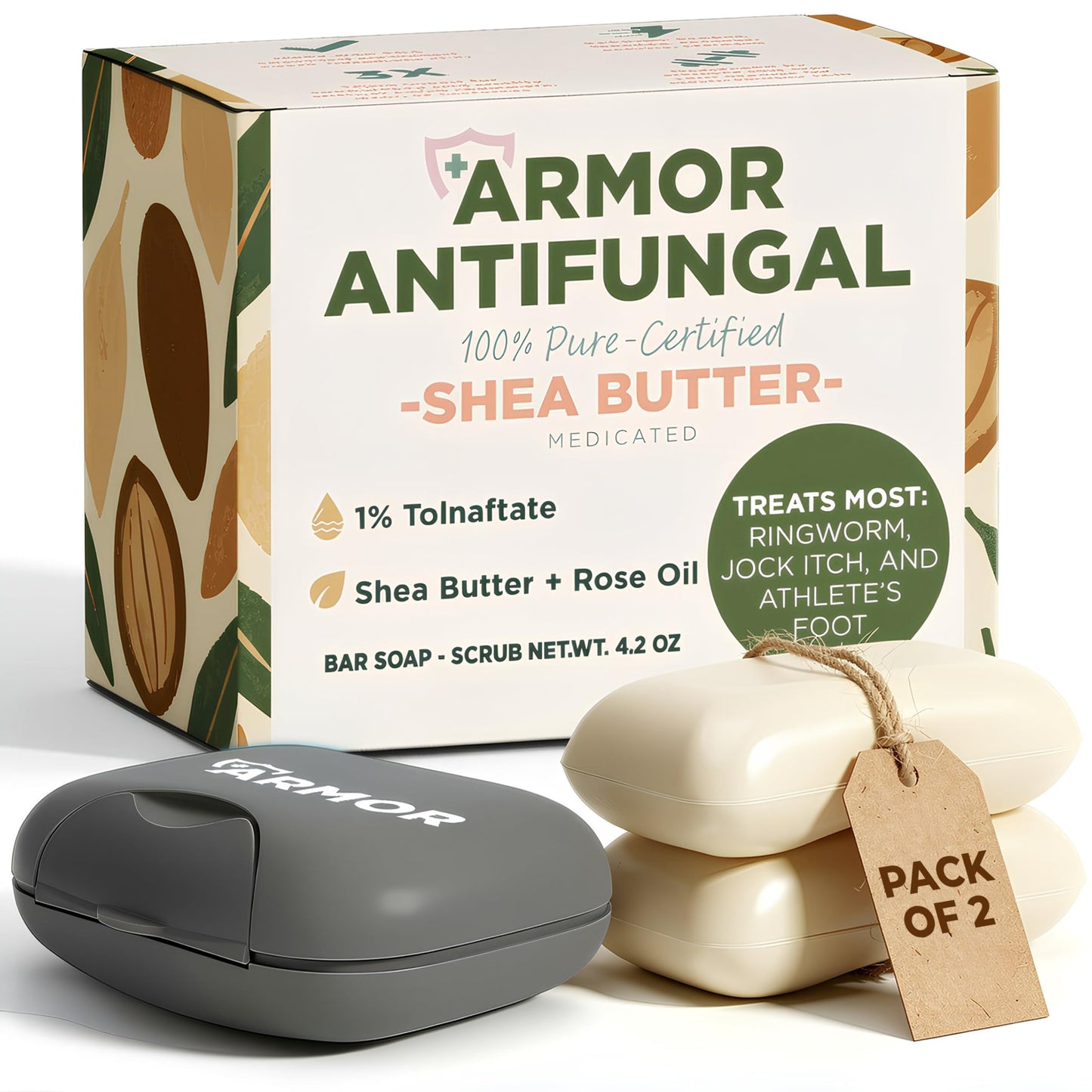 Antifungal Soap Infused with Shea Butter & Rose Oil | Medicated Jock Itch Treatment Helps Fight Ringworm & Athlete’s Foot | Tolnaftate 1% Antifungal Soap for Deep Cleansing | Pack of 2 Bars with Case