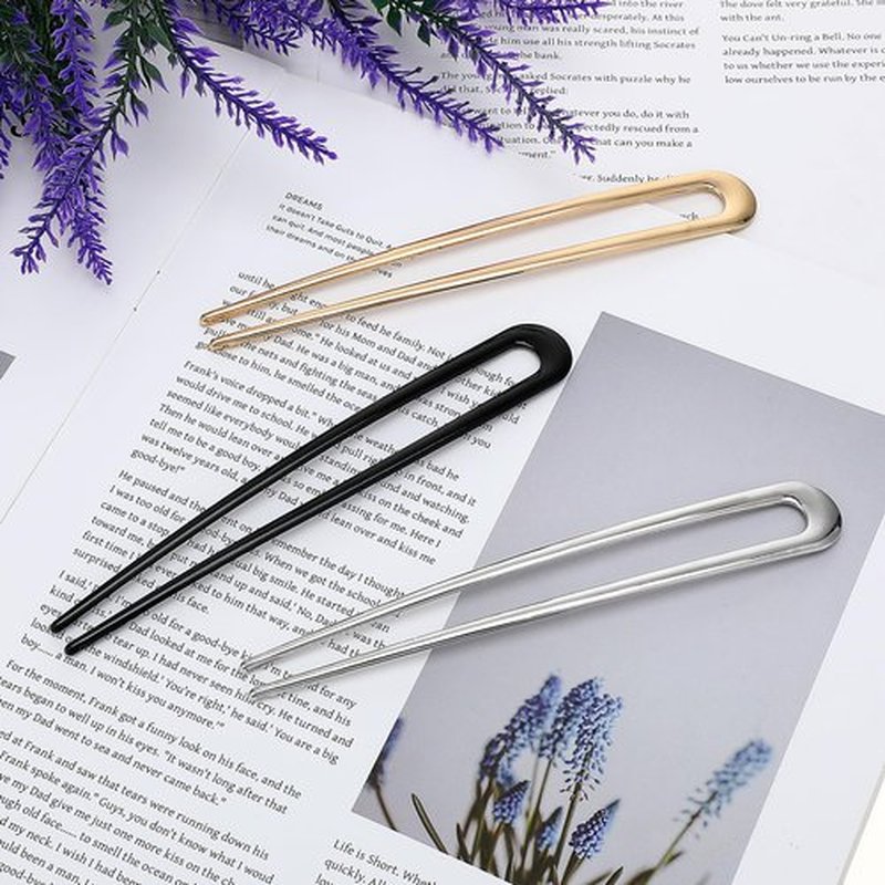 3PCS U-Shaped Large 5.9 Inch Metal Hair Pins, French 2 Prong Bun Hair Sticks, Simple U Shaped Metal Hair Pins, Vintage Gold and Silver Hair Pins for Women and Girls (Black, Gold, Silver)