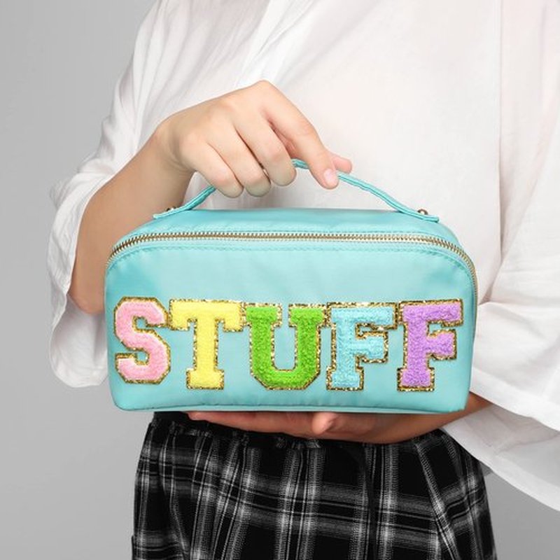 LONEDREAM 3Pcs Stoney Clover Preppy Makeup Bag, Stuff Bag Travel Makeup Cosmetic Bag, Chenille Letter Patch Open Flat Nylon Pouch, Mixed