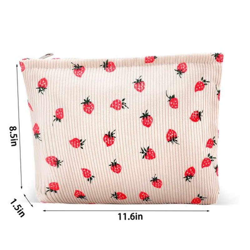 Makeup Bag for Women Large Corduroy Cosmetic Bag Travel Makeup Pouch for Purse Zipper Toiletry Bag Organizer Y2K Cute Aesthetic Trendy Makeup Brushes Storage Bag Travel Essential (Beige Strawberry)