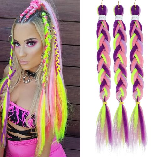Pink and Green Ombre Braiding Hair 4 Colors Mix Braiding Hairt Synthetic Hair Fluorescent Green/Pink/Purple/Lavender 3Packs 26in Colorful Braiding Hair Pre Stretched Ombre Braiding Hair for Girls