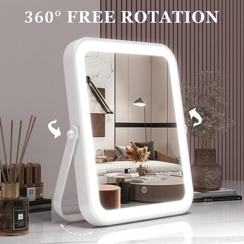 ROLOVE Home Mirror, 10x12 inches Lighted Vanity Makeup Mirror, Dimmable Touch Screen, Tabletop Mount, USB Plug-in, Adjustable, Portable