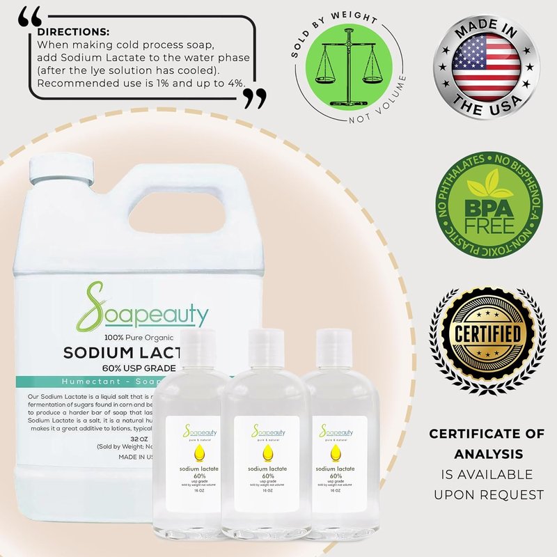 Sodium Lactate for Soap Making - 60% USP Pure Natural Preservative | 32 oz - Enhances Moisture & Cure Time