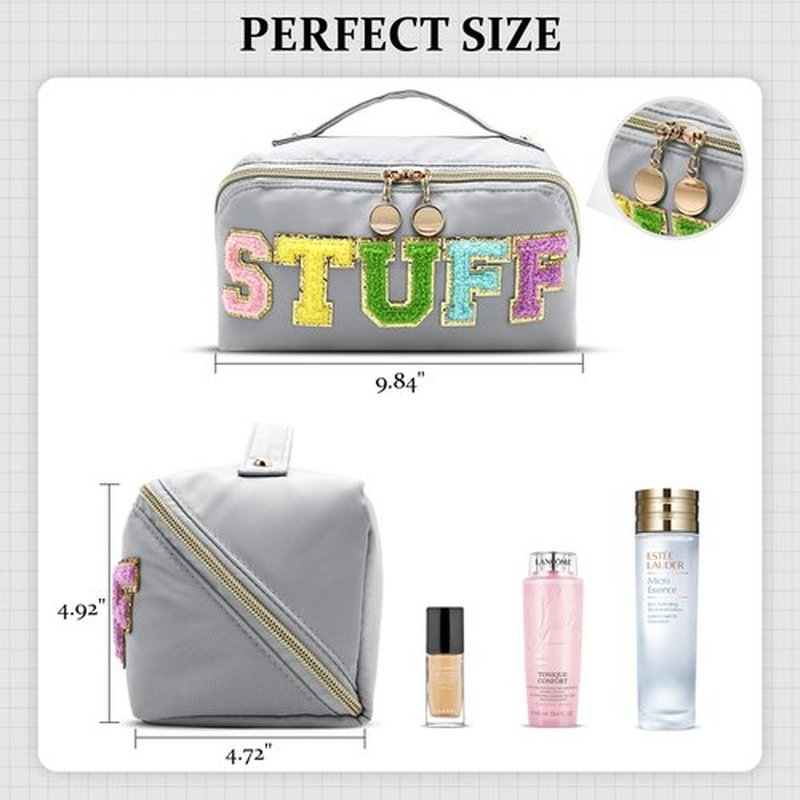 LONEDREAM Stoney Clover Preppy Makeup Bag, Large Capacity Travel Cosmetic Bag, Chenille Letter Open Flat Nylon Stuff Makeup Bag, Preppy Patch Better Belt Everything Makeup Bag(Grey)