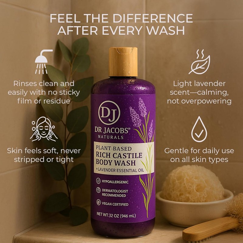 Dr. Jacobs Naturals Castile Lavender Body Wash - All-Natural Moisturizer for Dry, Sensitive Skin | 32 Ounce