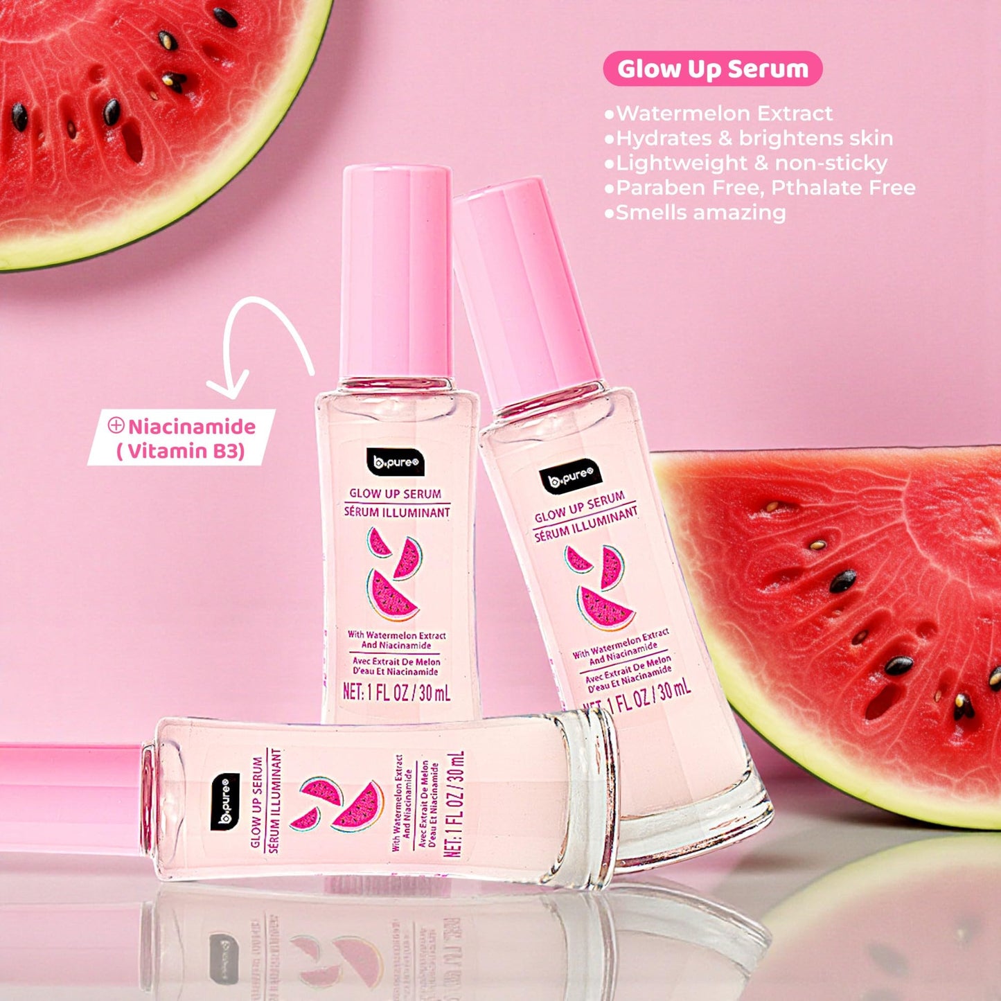 b.pure Glow Up Watermelon Hydrating & Soothing Face Serum | Watermelon Extract & Niacinamide | 1 oz, 3-Pack