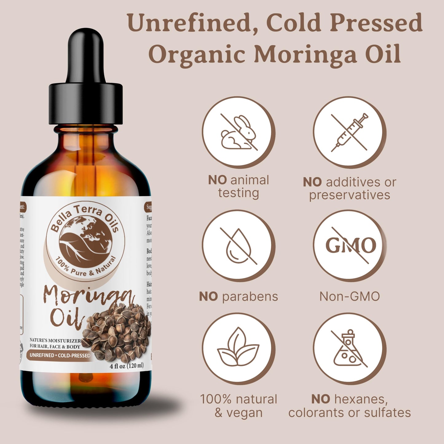 Bella Terra Oils - Natural Moringa Seed Oil 2oz - A Blend of Nature's Best, High in Oleic Acid & Vitamin E, For a Touch of Luxurious Smoothness