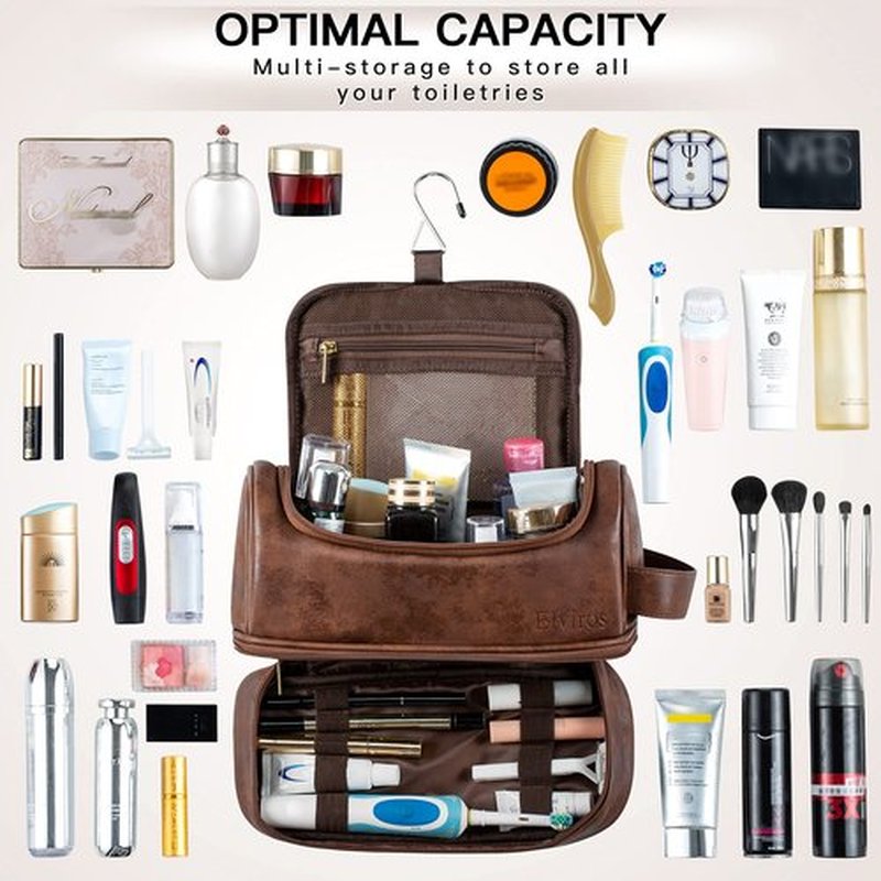 Elviros Toiletry Bag, Mens Leather Travel Organizer Kit with hanging hook, Large Water-resistant Toiletries Bathroom Shaving Bags for Women (Dark Brown)