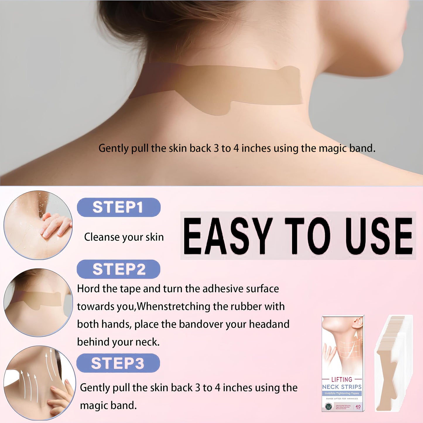 40 PCS Neck Lift Tape - Instantly Lift Sagging Skin, Invisible Neck Wrinkle Patches & Face Firming Tape, Comfortable Waterproof Jawline Definition