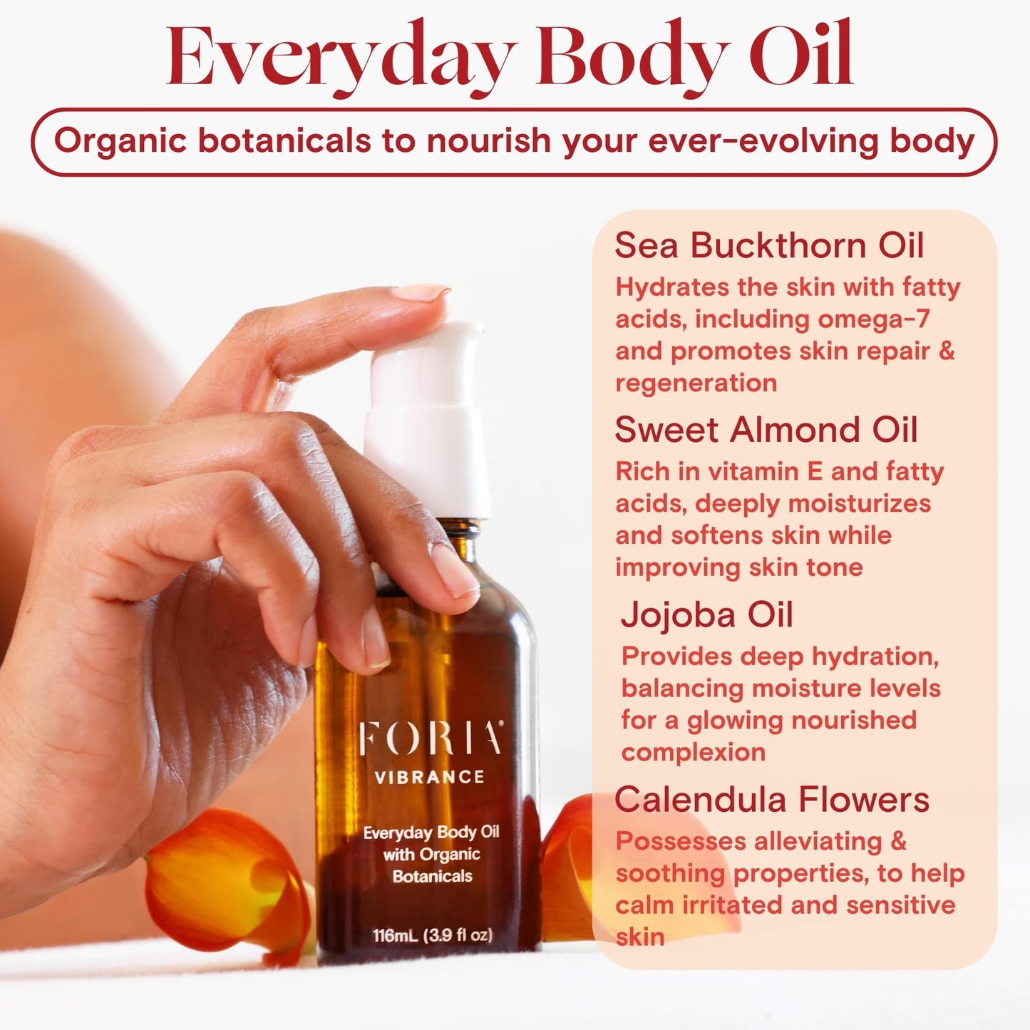FORIA Everyday Organic Body Oil for Women, Herbal Skin Hydration 3.9 oz
