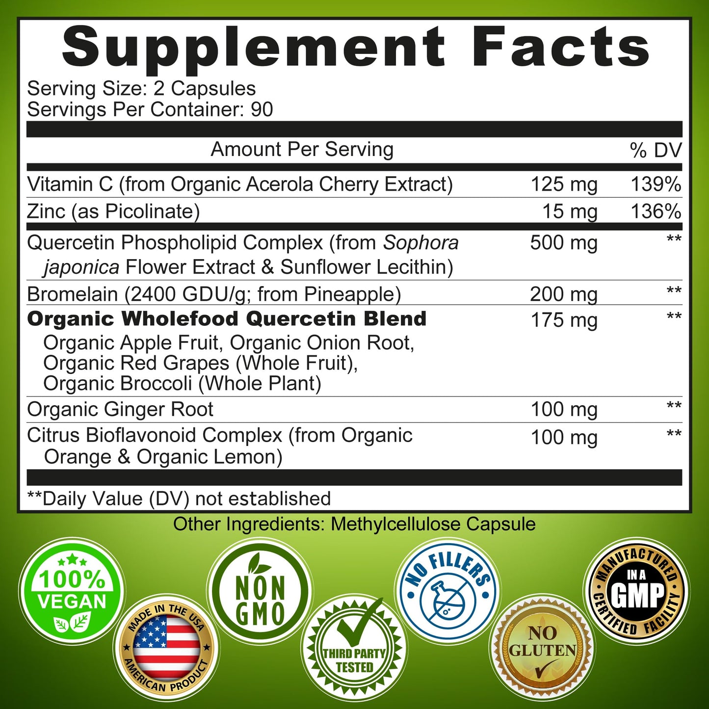 Quercetin with Bromelain – Quercetin Phospholipid Complex 500 mg High Absorption Supplement – Immune Support with Vitamin C, Zinc, Ginger & Citrus Bioflavonoids – with Organic Whole Foods – 180 Count