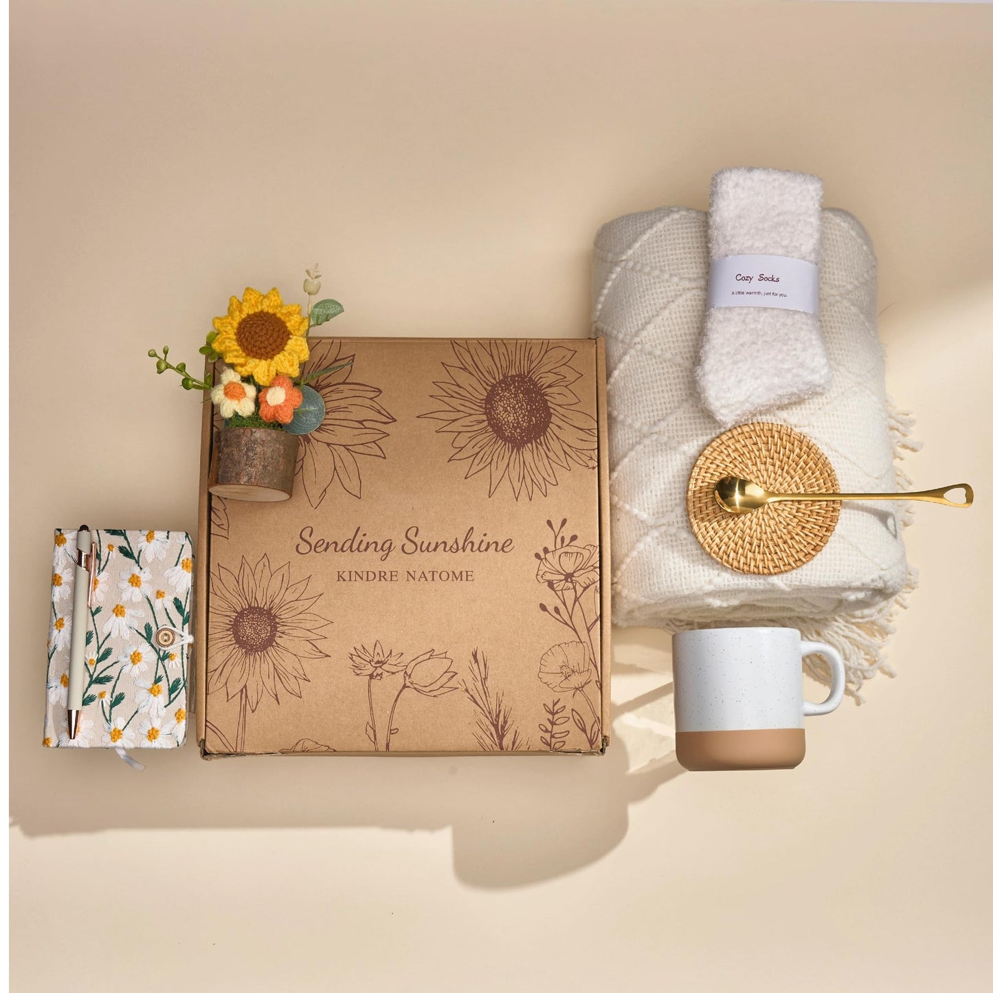 Kindre Natome Get Well Soon Gift Baskets for Women, After Surgery Recovery Care Package with Cozy Blanket & Mug, Thinking of You Feel Better Gifts, Self Care Gifts, Sunflower Sending Sunshine Box Set