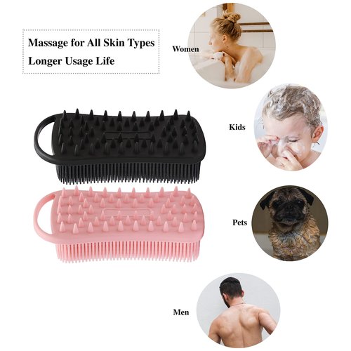 2 PC Silicone Exfoliating Body Scrubber, 2 in 1 Silicone Body Shampoo Brush, Soft Silicone Loofah for Sensitive Skin, Shower Silicone Hair Scalp Massager, Easy to Clean, Lather Well (Black&Pink)