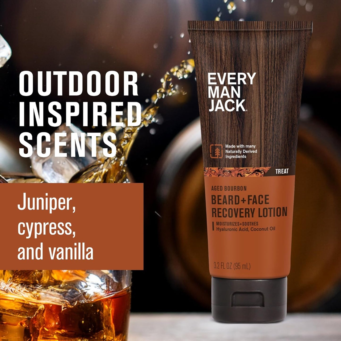 Every Man Jack Beard Lotion - Moisturizing Face & Beard Care - Light Aged Bourbon Scent - 3.2 oz (2 Pack)