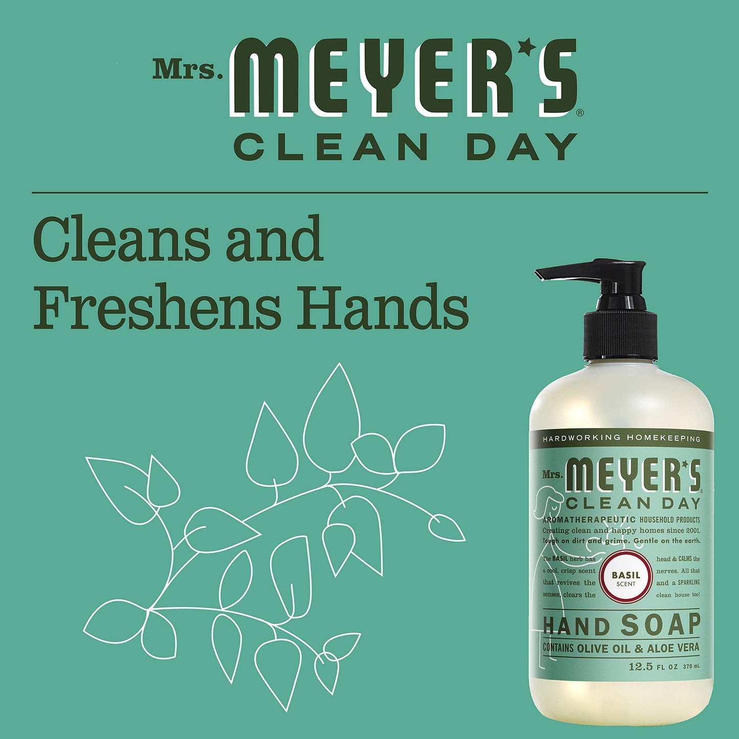 Mrs. Meyer's Hand Soap, Made with Essential Oils, Biodegradable Formula, Basil, 12.5 Fl. Oz
