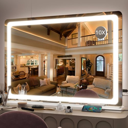 FENNIO Vanity Mirror with Lights 32"x22", Lighted Makeup Mirror, Large Vanity Mirror with Lights, Touch Sensor with 3-Color Lighting, 10X Magnification and USB Charging Port for Vanity Desk Tabletop