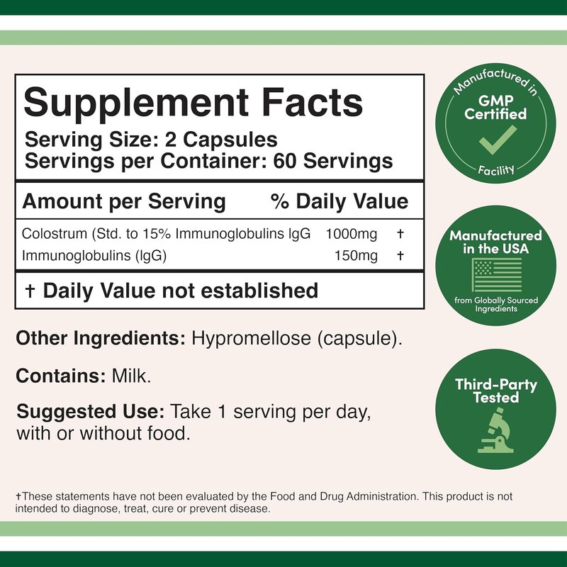 Colostrum Supplement - 1,000mg Bovine Colostrum Powder | 120 Capsules, 15% IgG Immunoglobulins