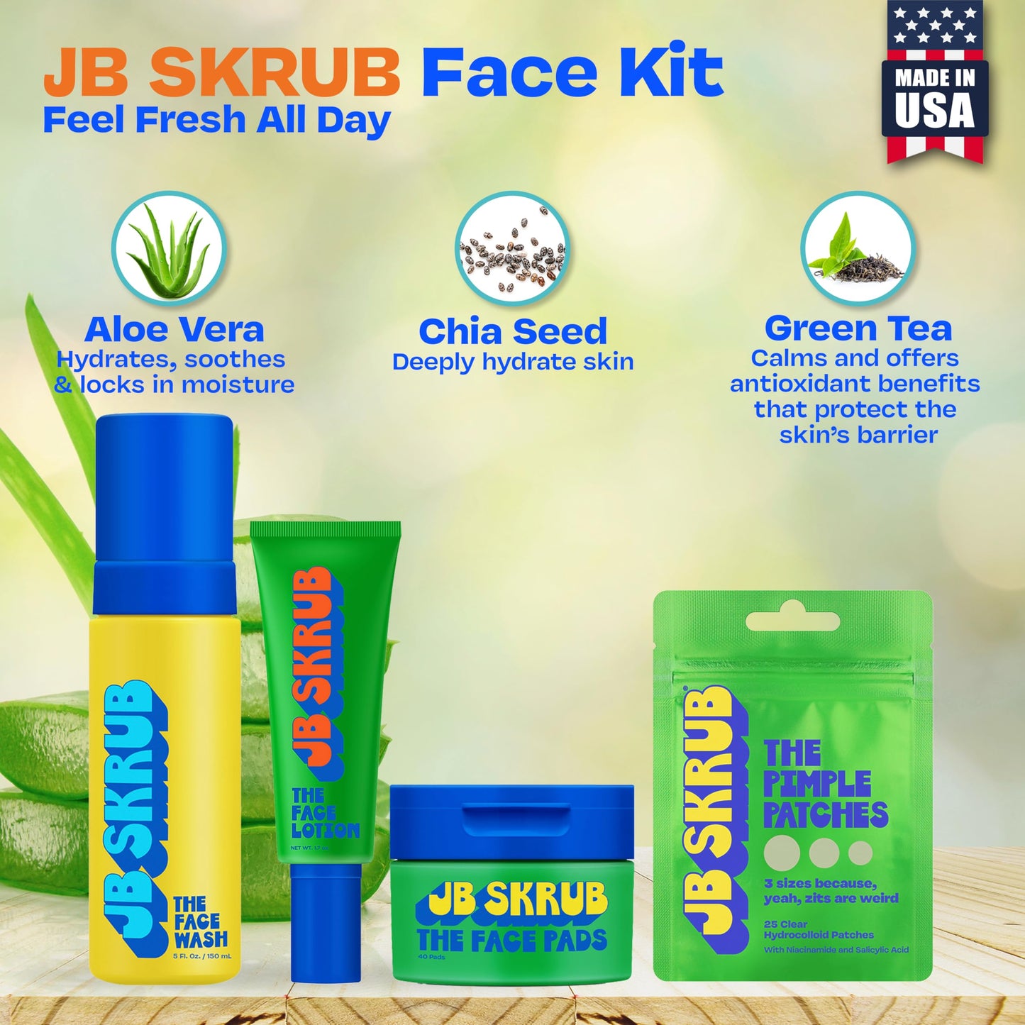 JB SKRUB Boys Acne Skincare Kit for Teens, Complete 4-Step Routine: Face Wash, Face Lotion, Cleansing Pads and Pimple Patches, Starter Set