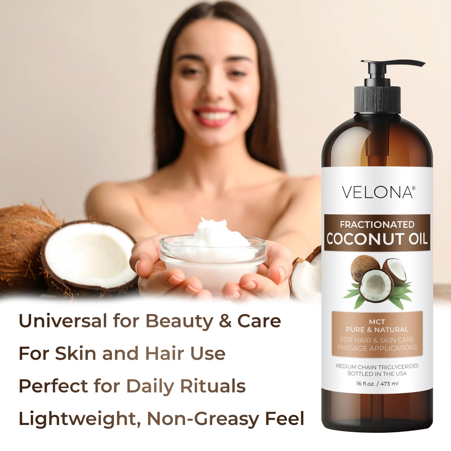 velona MCT Coconut Oil - 16 Fl Oz | 100% Pure and Natural Carrier Oil | Fractionated | Skin, Face, Body, Hair Care | Use Today - Enjoy Results