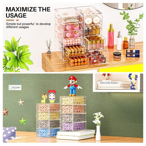 4 Pack Acrylic Makeup Organizer with 18 Drawers, Clear Storage Drawers, Bathroom Counter Organizer, Plastic Storage Bins For Vanity, Undersink, Pantry, Home Organization and Storage