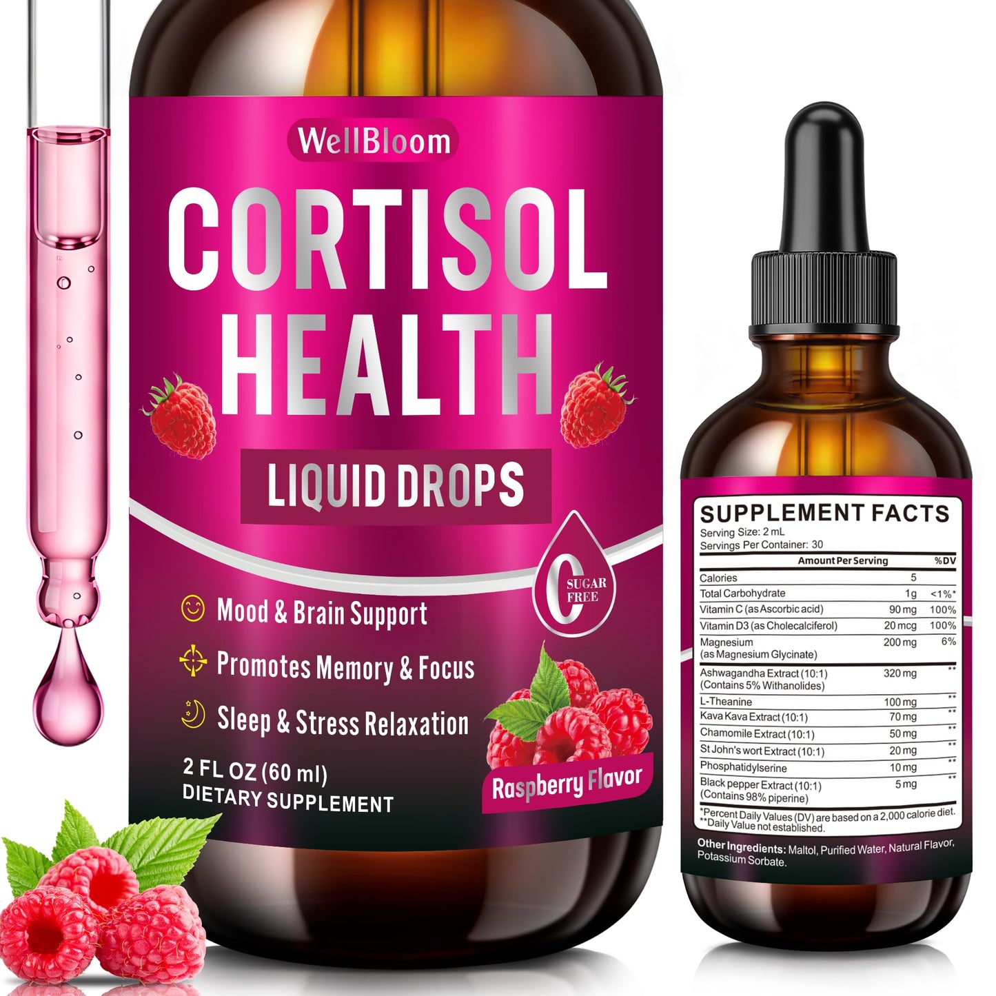 Cortisol Reducer for Women & Men with Magnesium Glycinate, Ashwagandha, L-Theanine - Supports Stress Relief, Sleep & Heart Health, Nerves, Muscles - 2 Fl Oz