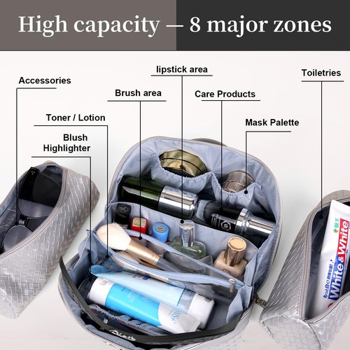 Travel Makeup Bags Cosmetic Organizer Bag: Large Capacity Make up Bag Set of 3 - Vegan Leather Toiletry Bag for Women - Portable Makeup Organizer with Compartments & Handle & Divider (04 Silver)