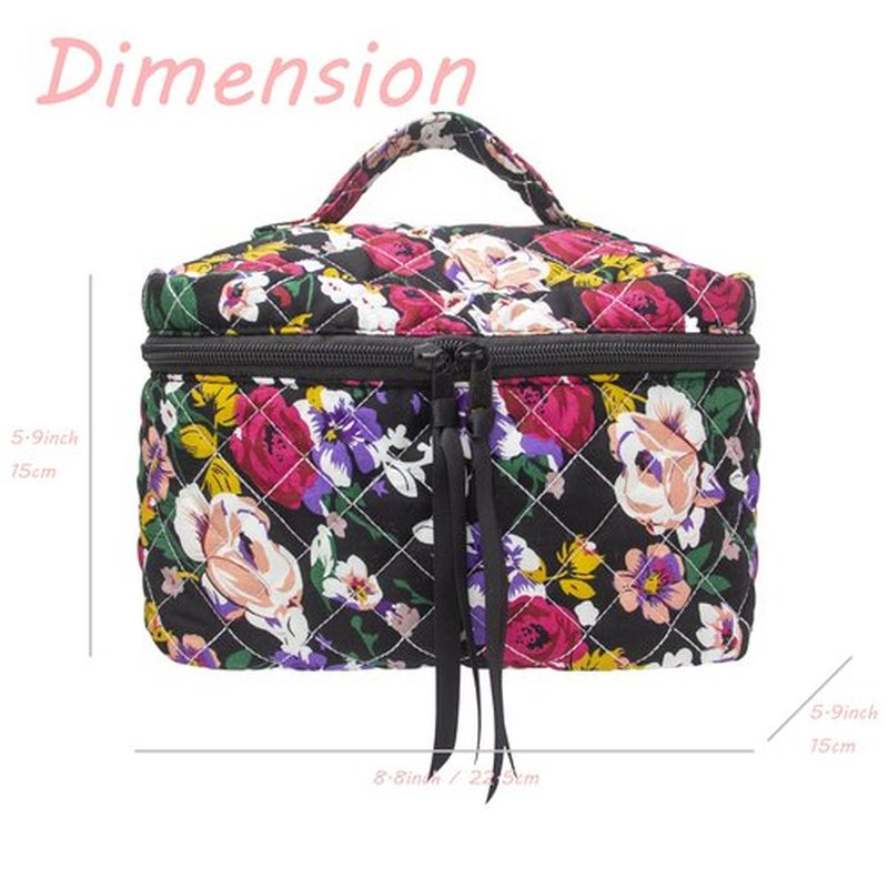 PAZIMIIK Cotton Makeup Bag for Women Large Quilted Travel Cosmetic Pouch Girls' Make Up Organizer,Floral Black