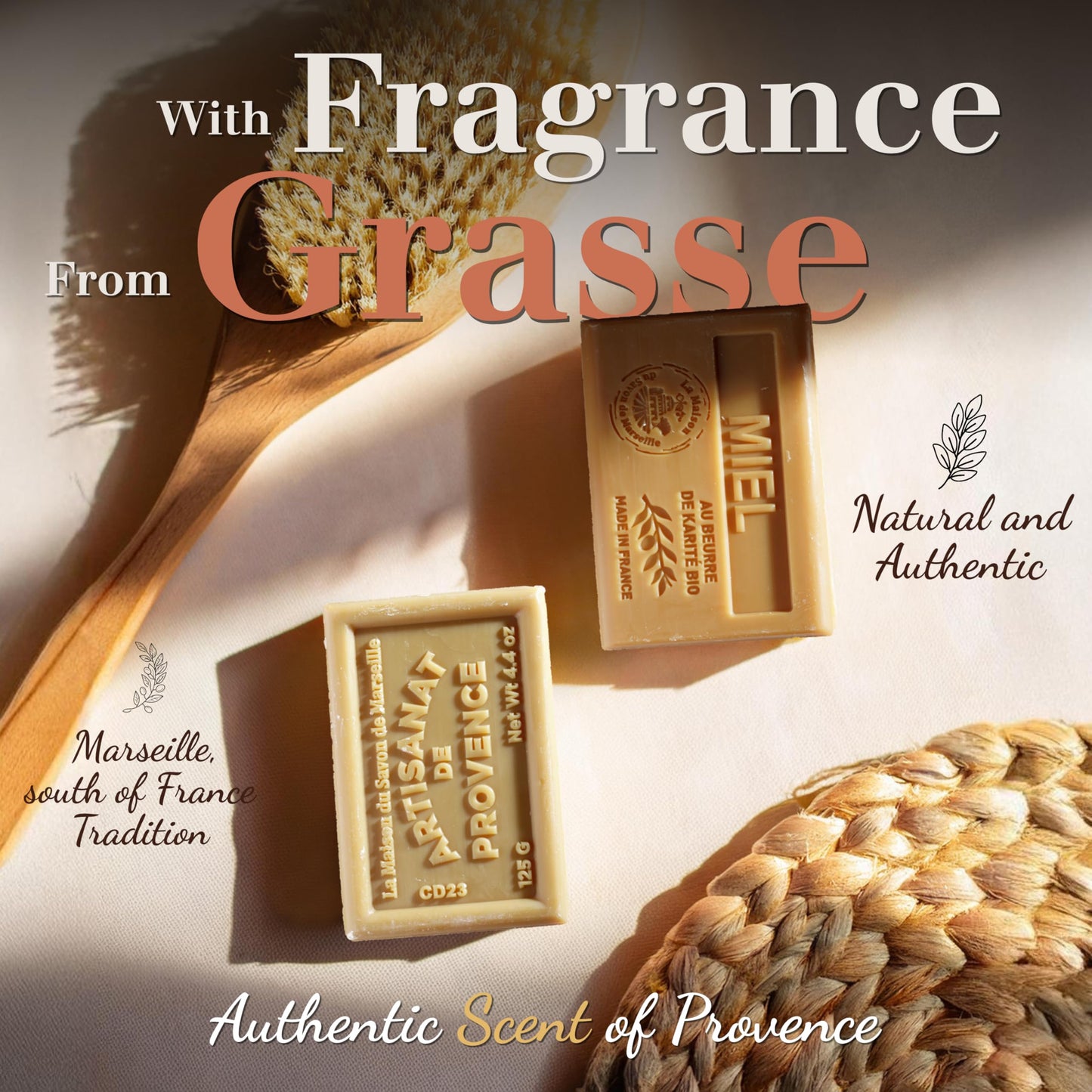La Maison du Savon - Honey Soap Bar Trio - Moisturizing Hand & Body Soap Bars with Organic Shea Butter - Rich Creamy Lather - French Soap Made in Provence - 97% Natural Ingredients - 3x4.4 oz