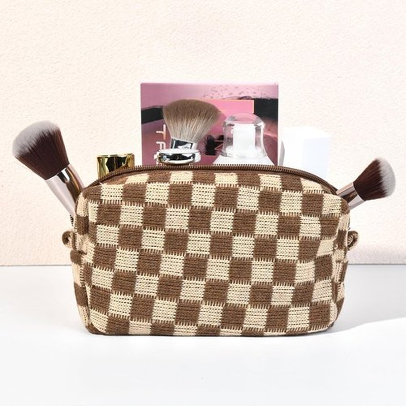 SOIDRAM Checkered Makeup Bag Preppy Cosmetic Bag Bulk Brown Makeup Pouch Personalize Travel Toiletry Bag Organizer Cute DIY Makeup Brushes Storage Bag for Women