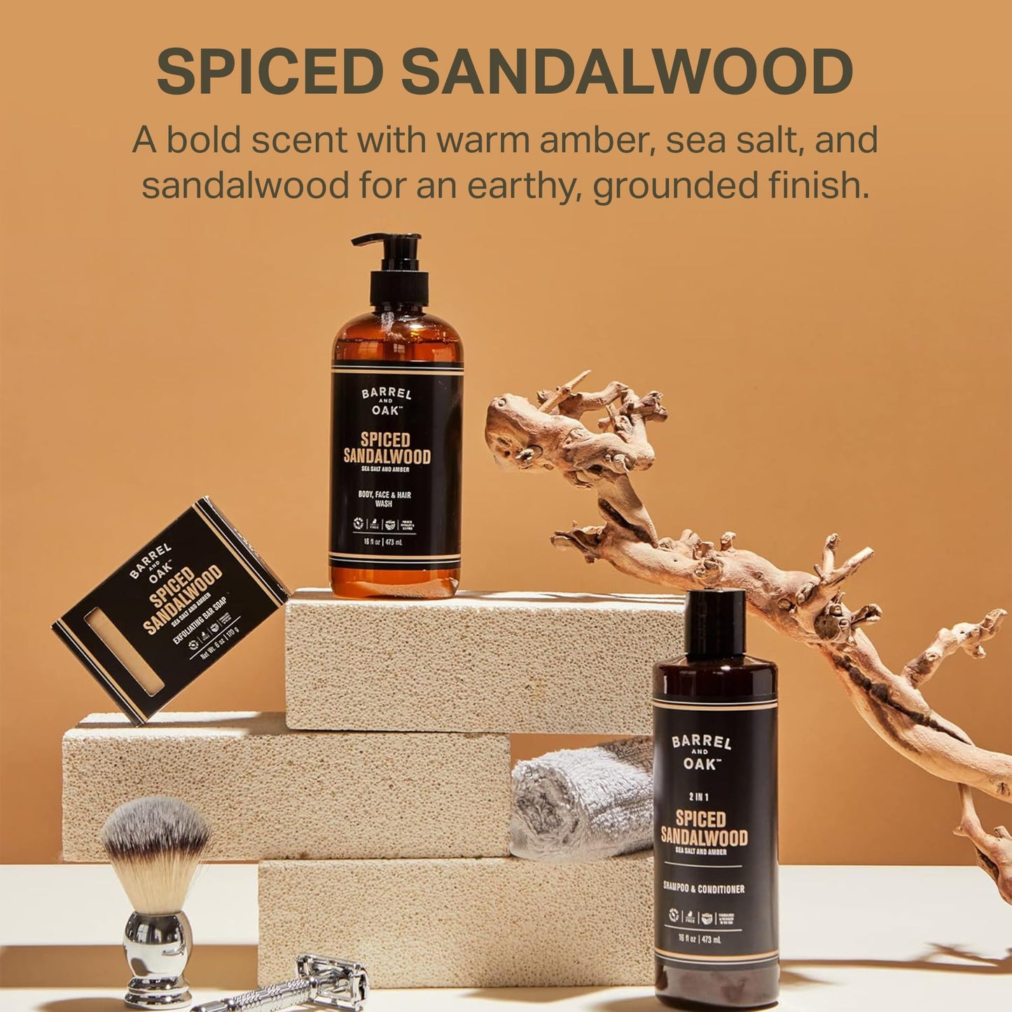 Barrel & Oak All-in-One Wash for Face, Hair, & Body, Vegan & Hydrating Face, Shampoo and Body Wash for Men, Grooming Kit Gifts for Men, Spiced Sandalwood, 16 oz