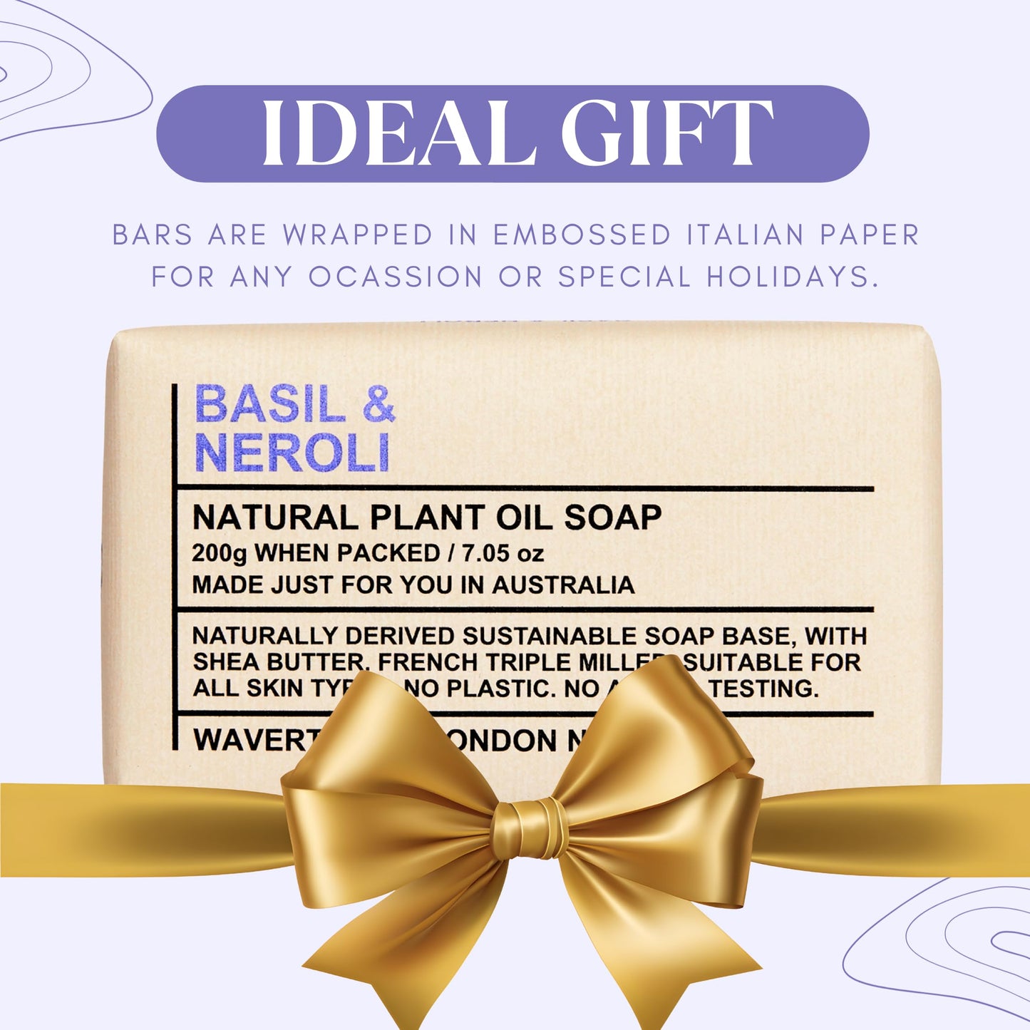 Wavertree & London Basil & Neroli Scented 100% Natural Soap Bar, 7oz Moisturizing French Triple Milled Soap Bar for Women & Men Enriched with Shea Butter, Pure Bath & Body Soap (1 Bar)
