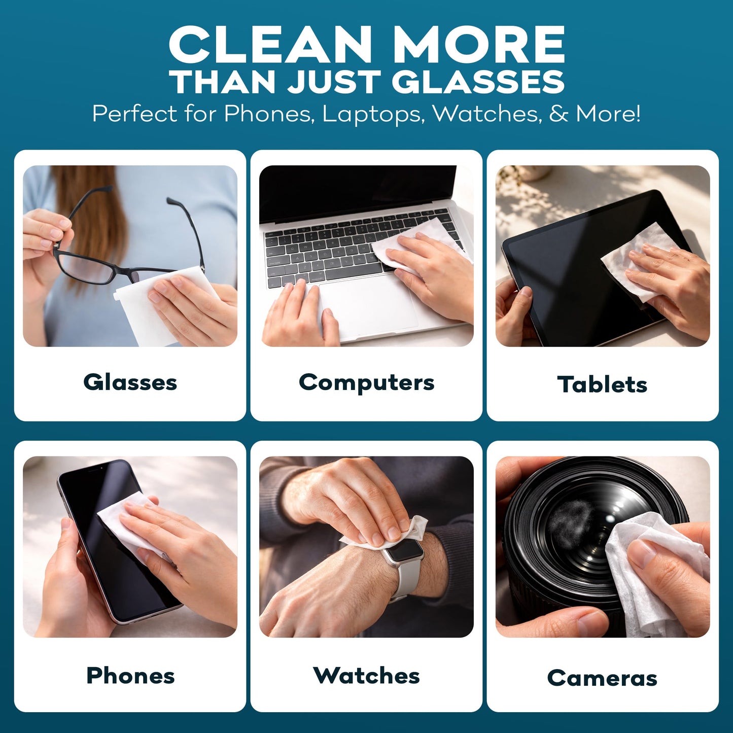XXL Lens Wipes, 50 Count - 9.8"x6.7" Eye Glasses Cleaner Wipes for Lenses, Watches, Display Screens, and More - Cleans and Shines - Quick Drying, No Smear with Isopropyl Alcohol