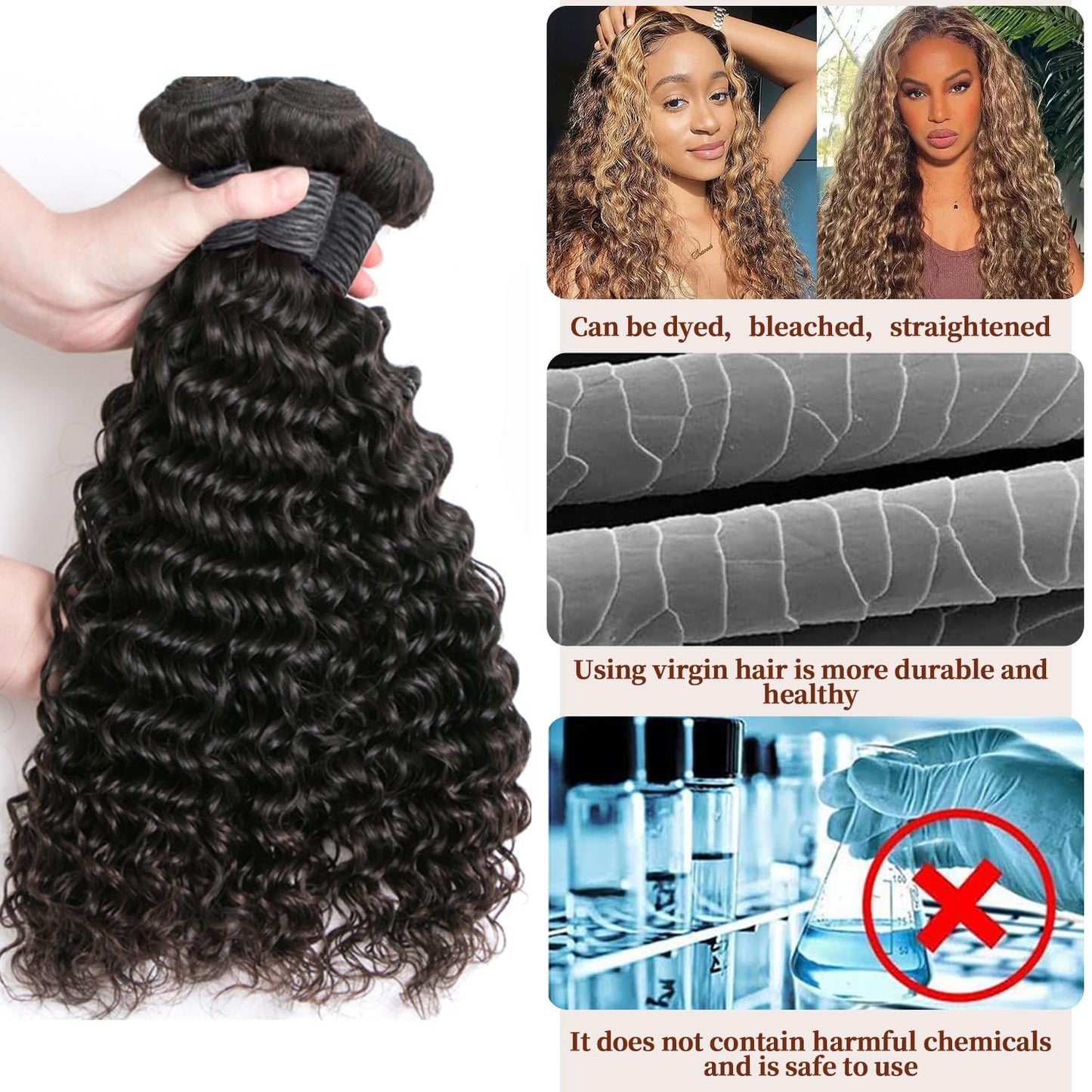 Deep Wave Bundles Human Hair Brazilian Virgin Hair Weave 3 Bundles Deep Curly 12A Grade Unprocessed Human Hair Extensions Natural Black 100g/pc (Deep Wave Bundles Human Hair, 24 26 28)