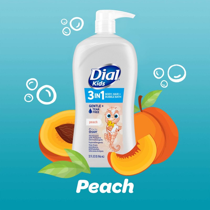 Dial Kids Body+Hair Wash, Melon, 32 fl oz & 3-in-1 Body+Hair+Bubble Bath, Peach, 32 fl oz Bundle