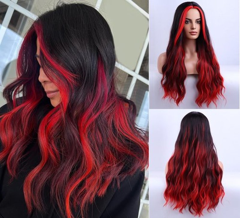 BERON Black Red Wig Long Wavy Wigs Black Red Wigs for Women Long Curly Black Red Wigs for Halloween Party