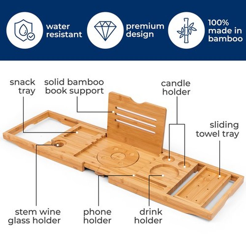 SereneLife Bamboo Bathtub Caddy with Adjustable Length, Non-Slip Handles, Integrated Device Holder and Wine Glass Slot - Expandable Design for Comfortable Bathing