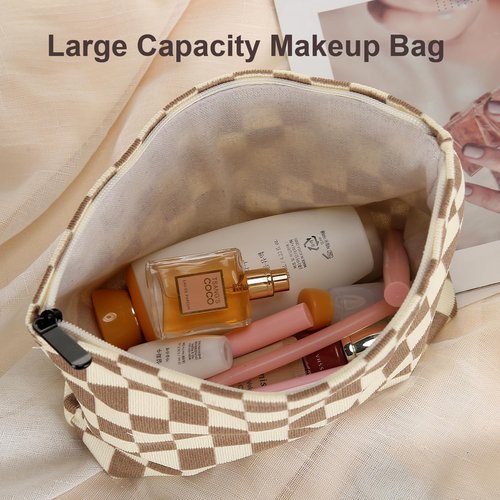 Wudimeitt Cosmetic bag Makeup bag Preppy Cute Corduroy Toiletry bag for women travel essentials (Plaid khaki)
