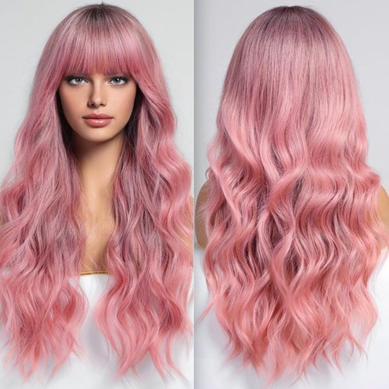 KOME Ombre Pink Wavy Wigs for Women,Long Wavy Wig with Bangs,Curly Natural Looking Synthetic Heat Resistant Fiber Wig for Party Cosplay Daily Use 26IN…
