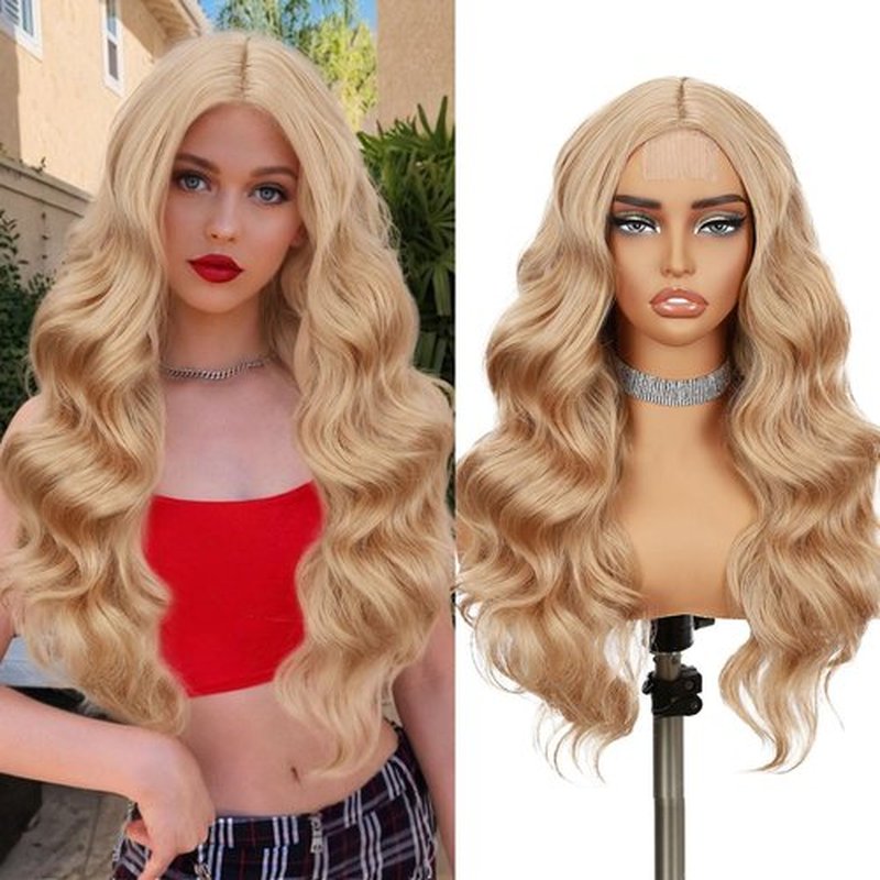 Fancy Hair Blonde Wavy Wigs 28 Inch Long Middle Part Curly Wavy Wig Small Lace Front Mixed Blonde Synthetic Long Wig for Women Cosplay Daily Party Use