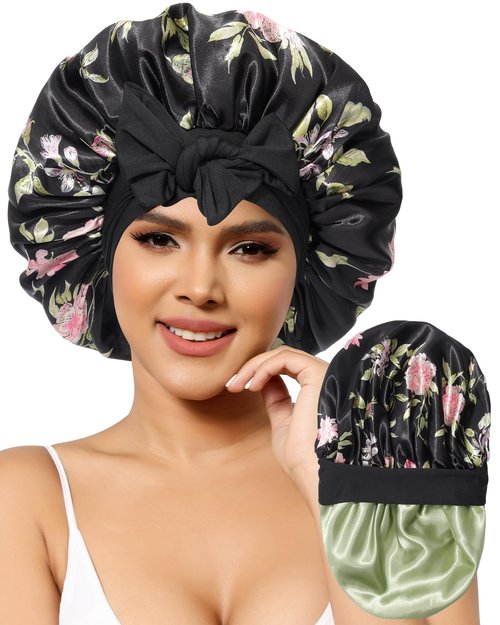 Satin Bonnet for Women Silk Bonnets for Sleeping Curly Hair Bonnet with Elastic Tie Band Reversible Double Layer Sleep Cap Hair Wrap (Black + Grass Green)