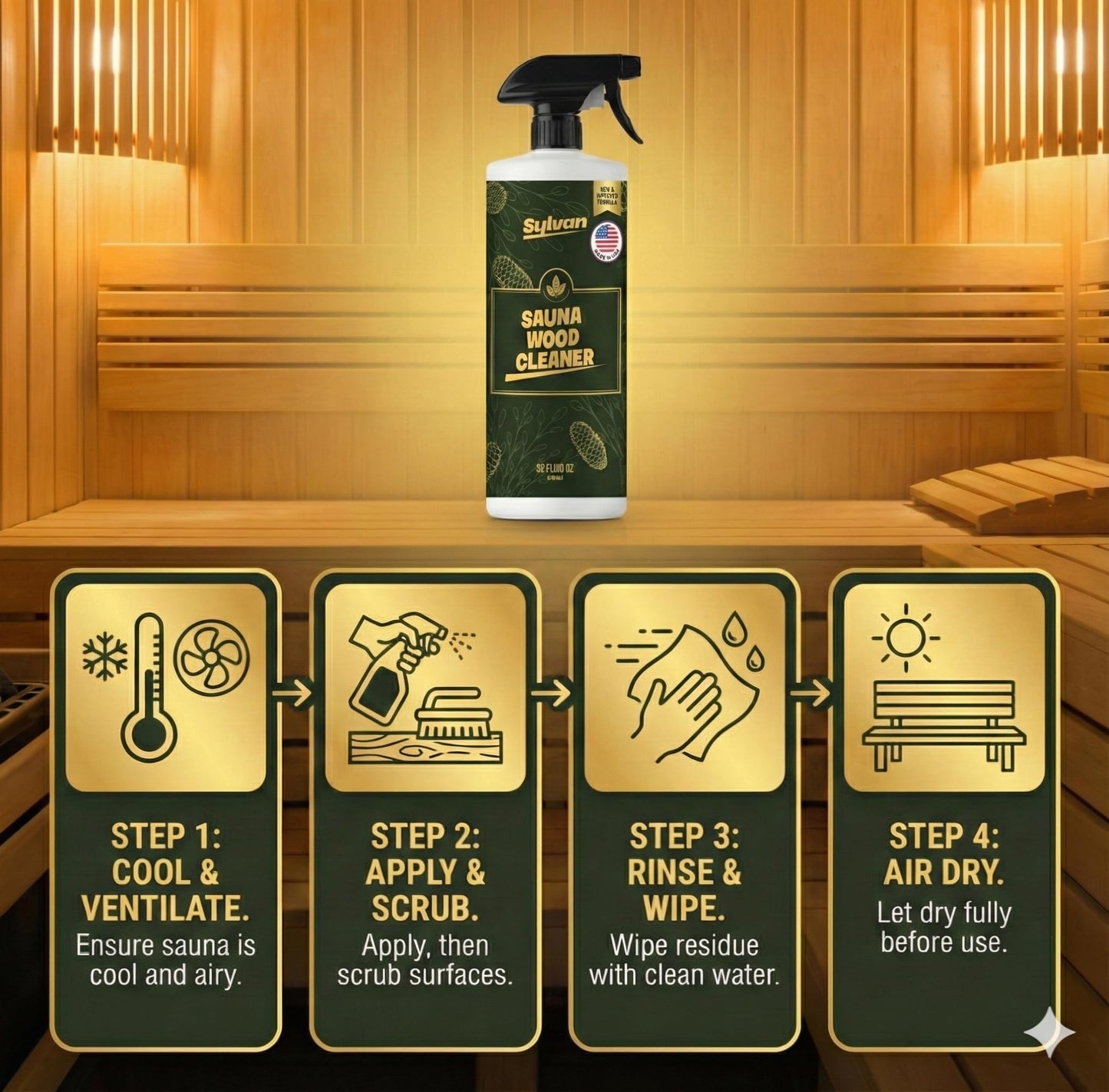 Sylvan Hills Sauna Wood Cleaner 32 oz | Made in the USA | Sauna Spray removes Stains, Sweat & Odors | Fast-Drying & Streak-Free Formula | Natural Wood Cleaner | Long Lasting | Hemlock, Pine, Cedar