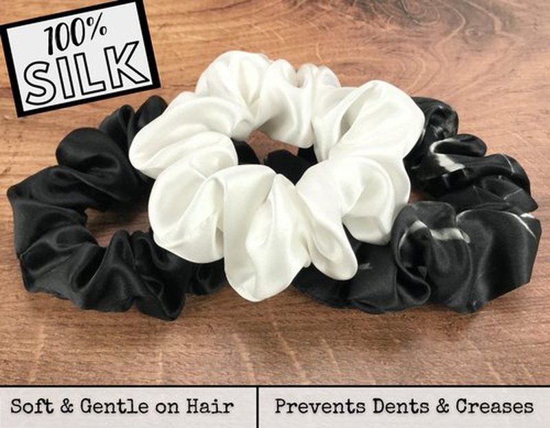 Celestial Silk Mulberry Silk Scrunchies for Hair (Black, Ivory, Black Marble)