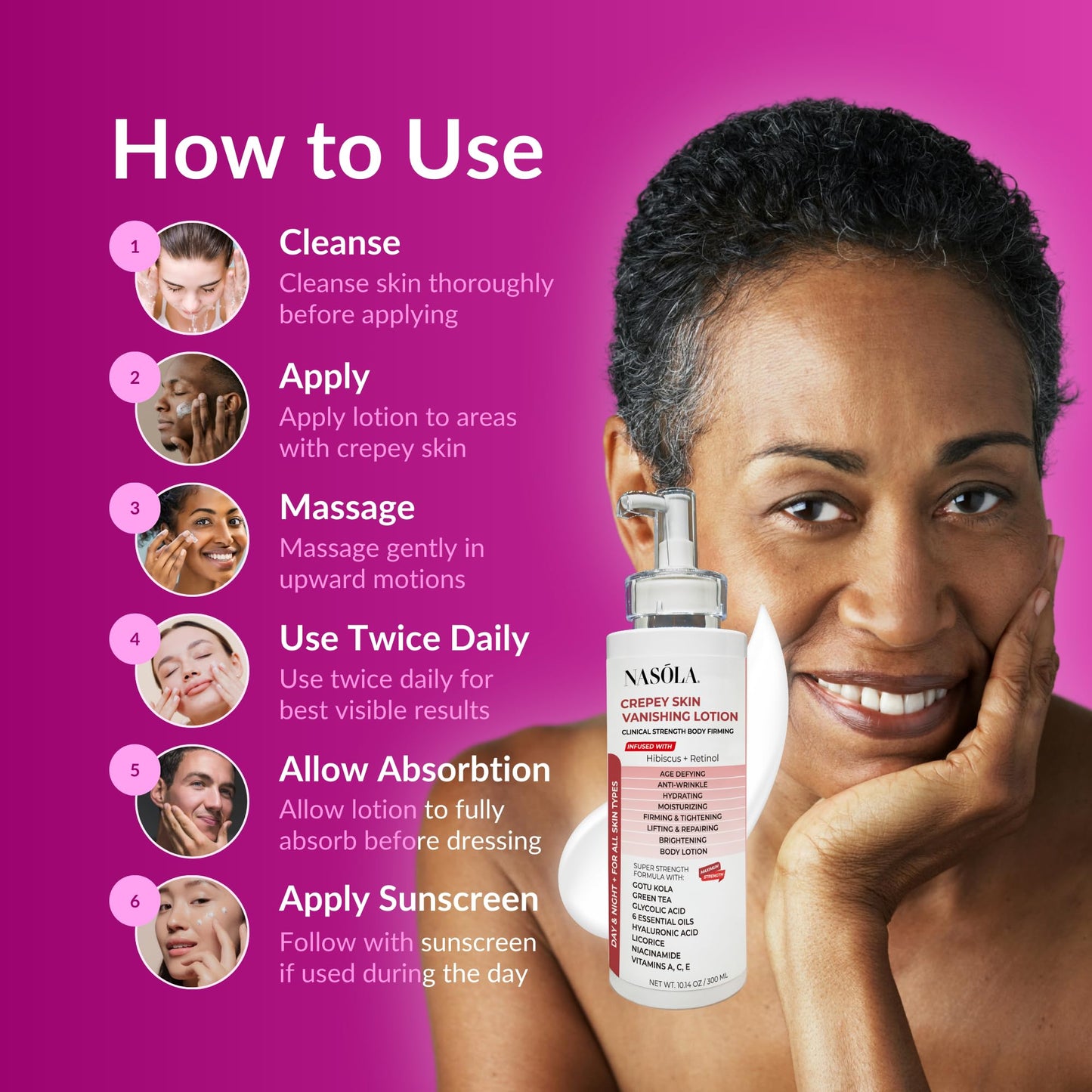 Nasola Crepe Erase Advanced Body Repair Treatment Lotion with Retinol and Hibiscus, Hyaluronic Acid, Vitamin C, E, A, Niacinamide Skin Tightening & Lifting Cream Moisturizer for Dry Aging Skin 10.14Oz