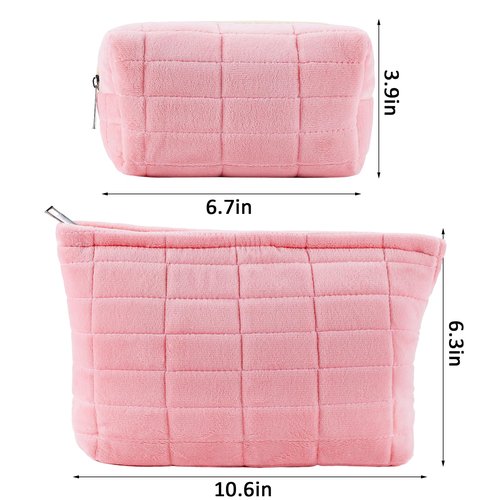 ZLFSRQ 2Pcs Makeup Bag for Women Trendy Large Capacity Cosmetic Bag Plush Pink Checkered Makeup Pouch for Purse Coquette Zippered Bag Organizer Y2K Aesthetic Accessories Makeup Brush Storage Bag