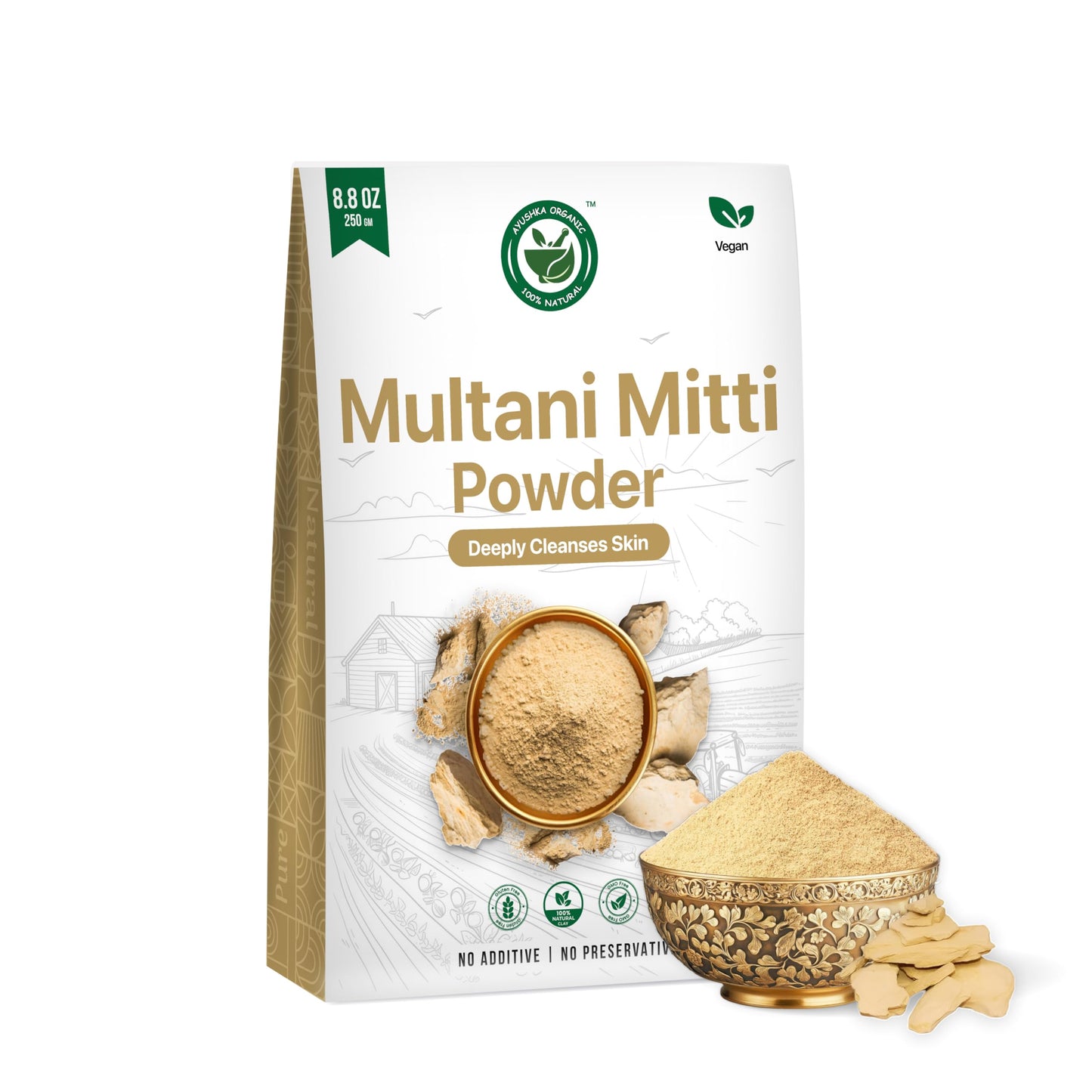 Multani Mitti Powder | Indian Healing Clay | 100% Pure Fullers Earth Powder for Natural Skin Tightening Face Mask | Deep Pores Cleansing | Bentonite Clay | Tan Removal Face Pack(8.8oz/250gm)