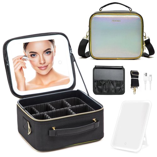 ZhenGuiRu Travel Makeup Bag with LED Mirror, Makeup Train Case with Light Up Mirror, Portable Makeup Artist Organizer with Adjustable Dividers, Makeup Brushes Holder Storage