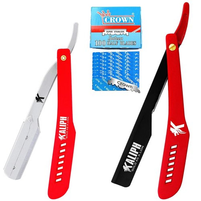 Kaliph Professional Straight Razor For Men - Premium Pack of 2 Straight Edge Barber Razor With 100 Blades - Smooth Shaving Mens Manual Cut Throat Shaver Safety Kit (RED)