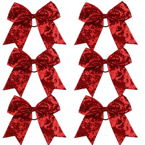 Metallic Sequin and Holographic 8 Inch Cheer Bow Cheerleader Cheerleading Jumbo Cheer Bow Hair Tie (Red Sequin)